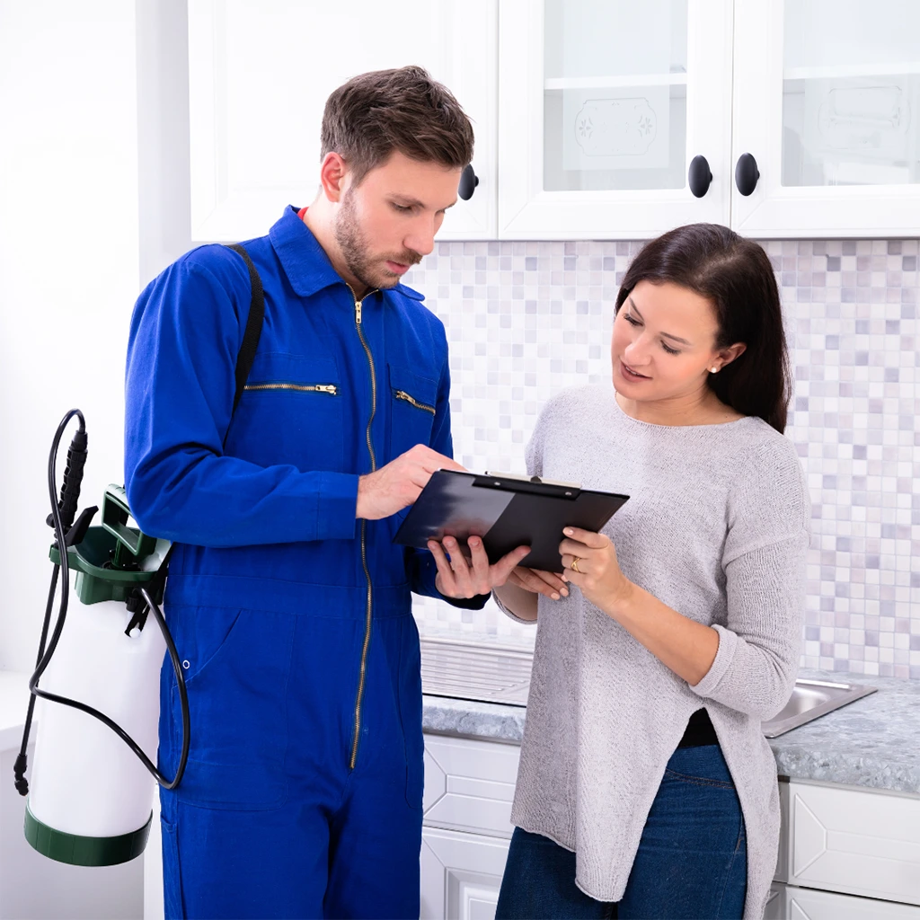 pest control worker with a customer